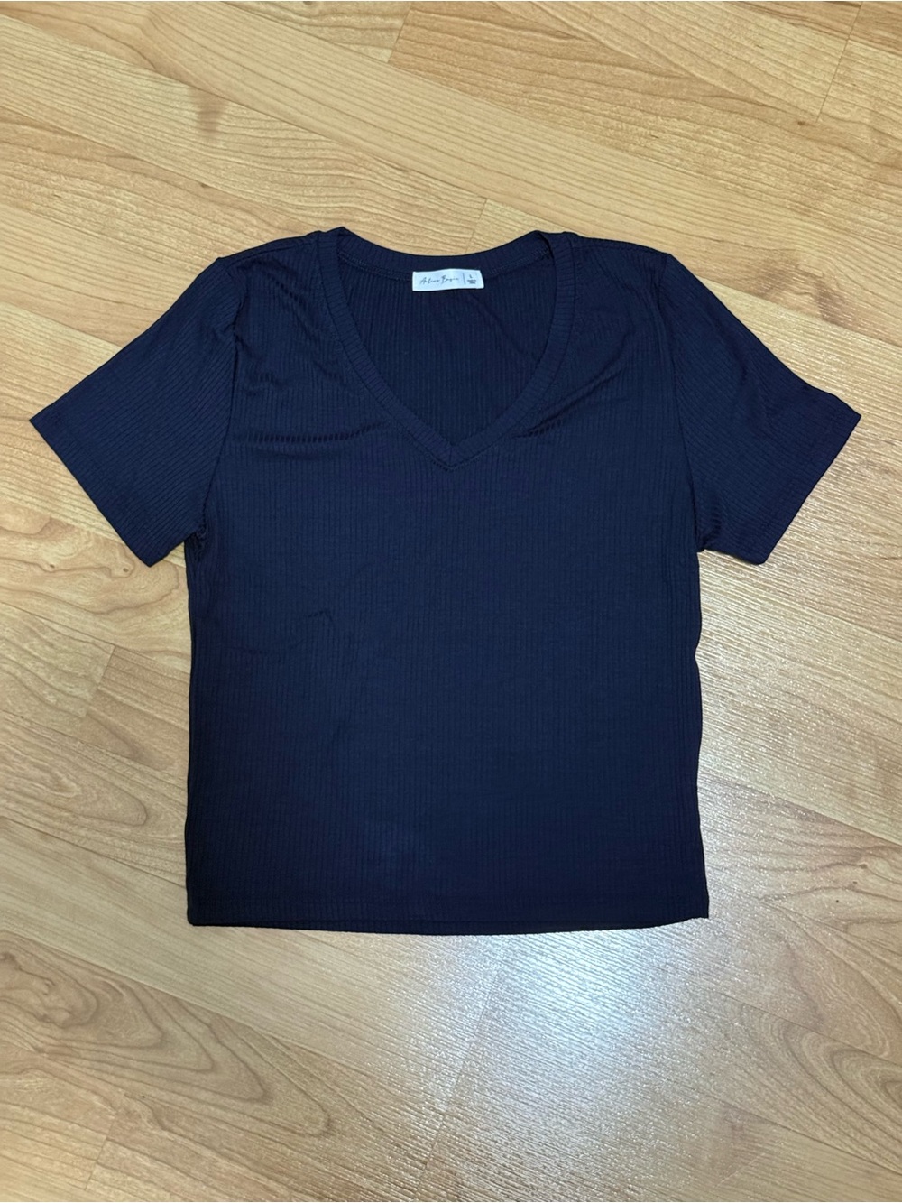 Active Basic Navy Blue Ribbed V-Neck Short Sleeve Top